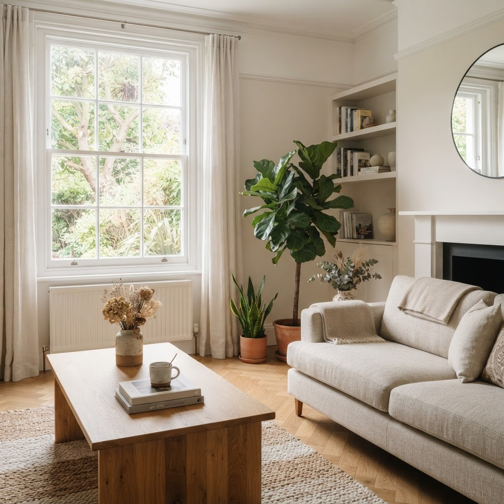 A calm, spotless contemporary living room after cleaning