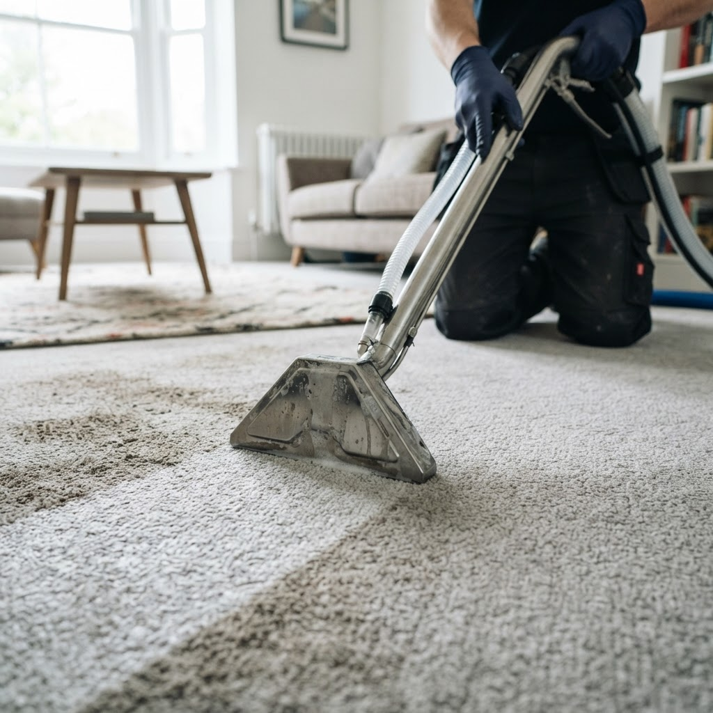 A carpet cleaning machine leaving a visibly cleaner stripe on a grey carpet