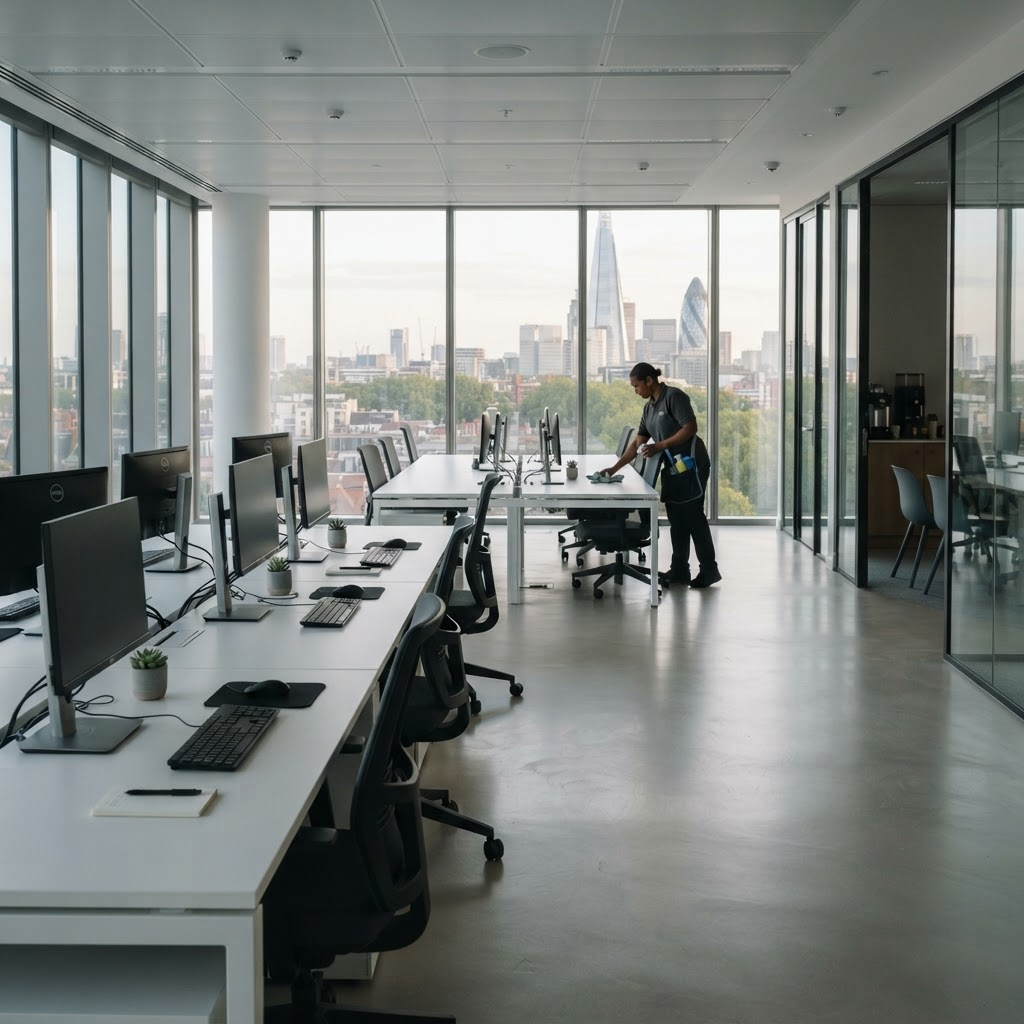A clean, modern open-plan office in the early morning