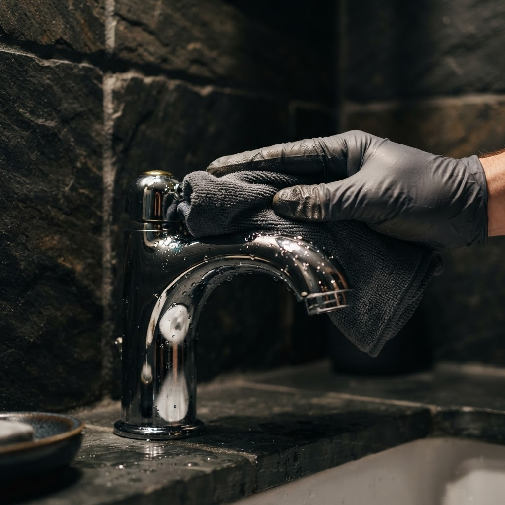 A gloved hand polishing a chrome tap to a mirror finish