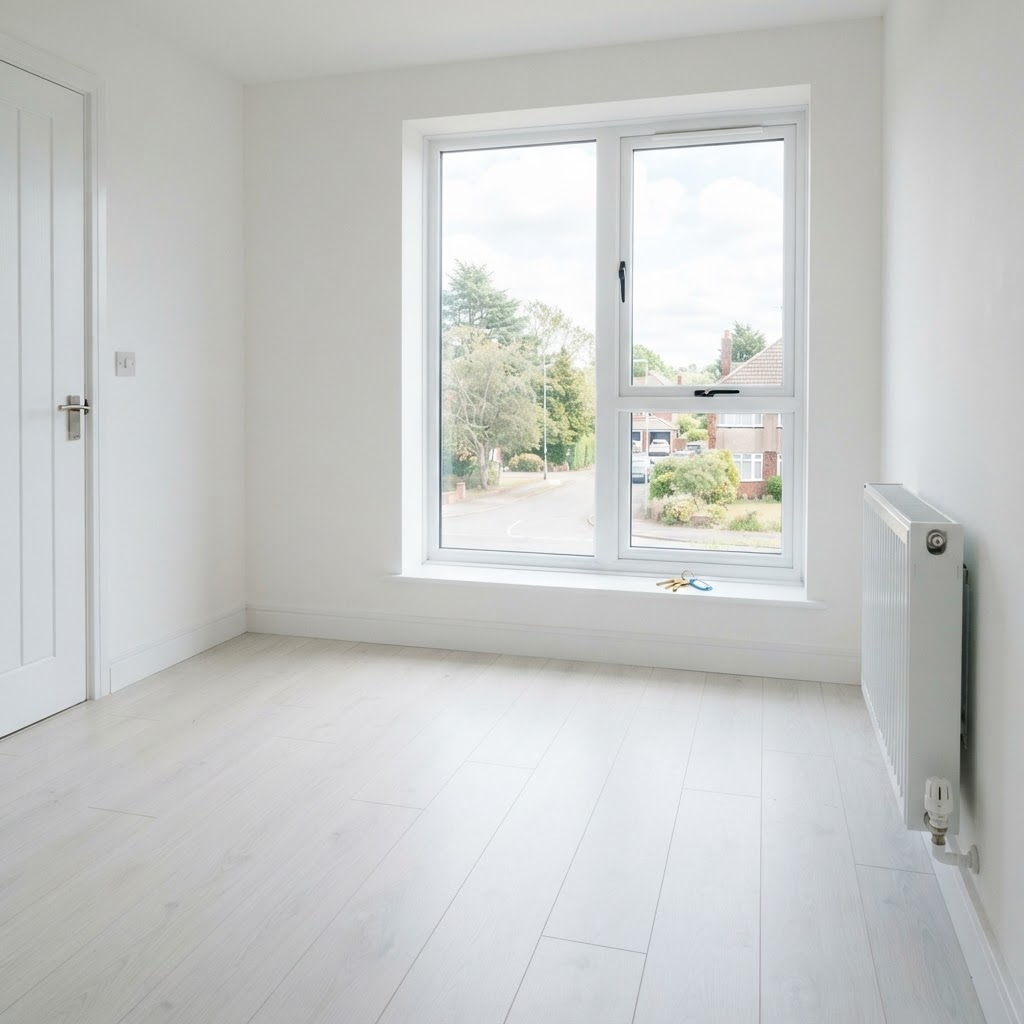 An empty, freshly cleaned rental flat with keys on the windowsill